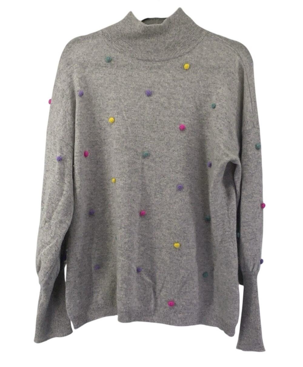 Charter Club 100% Cashmere Blouson-Sleeve Pop Sweater Large Gray Poms